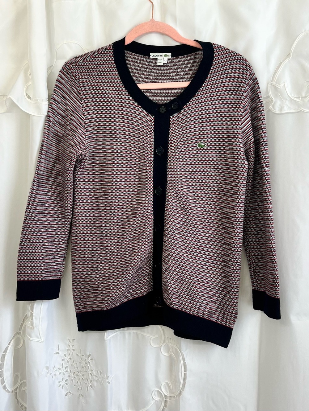 Lacoste Virgin Wool Cardigan Sweater 42 US 10 Navy Red White Button Front